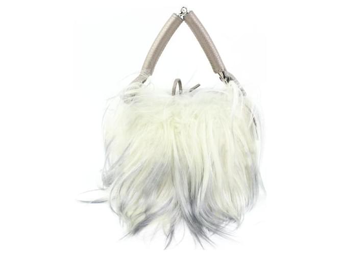 Fendi White x Grey Selleria Fur Mini Shopping Tote Bag Leather  ref.585235