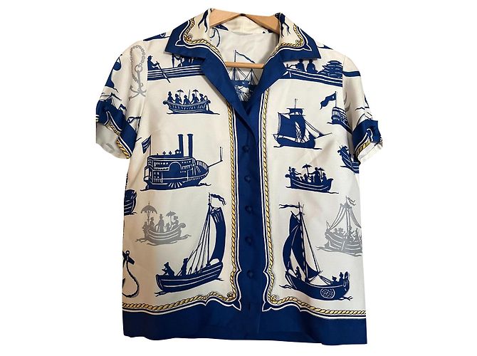 Blusa Hermès Shadow Theater in seta bianca blu navy Bianco Multicolore