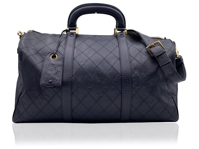 Chanel Black Quilted Leather Large Duffle Bag Weekender with Strap  ref.585435