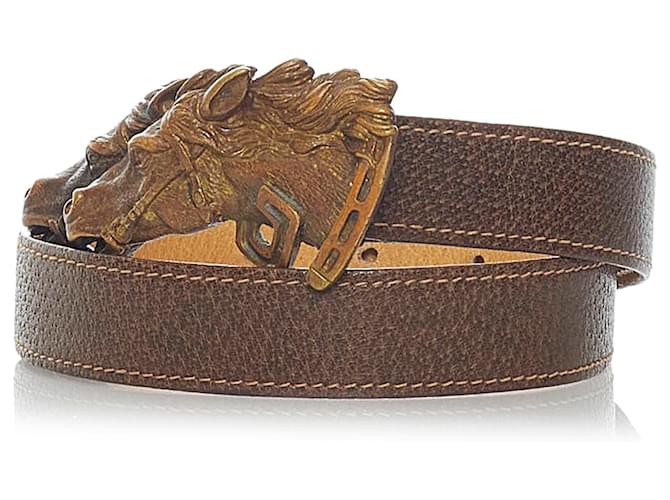 Gucci Brown Horse Buckle Leather Belt Dark brown Metal Pony