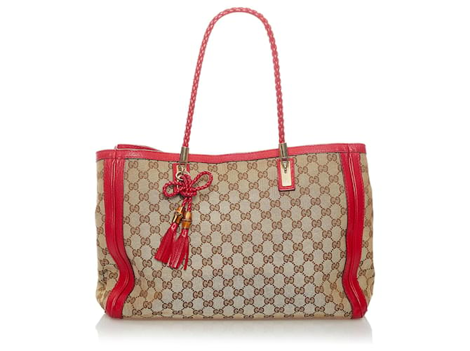 GUCCI Canvas Jacquard Calfskin 100 Centennial Music Small Tote Bag Ivory  Red 1234717