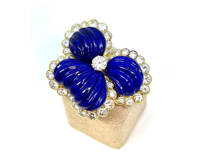 Van Cleef & Arpels AN CLEEF & ARPELS flor vintage broche / colgante lapislázuli, ORO Y DIAMANTES Azul  ref.586084
