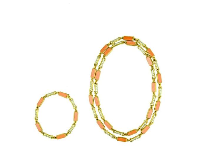 VAN CLEEF & ARPELS ouro amarelo vintage,diamantes e coral laranja 3 conjunto colar e pulseira  ref.586085