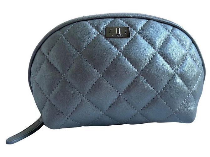 Chanel Pouch Wallet Silver Leather Silvery Grey