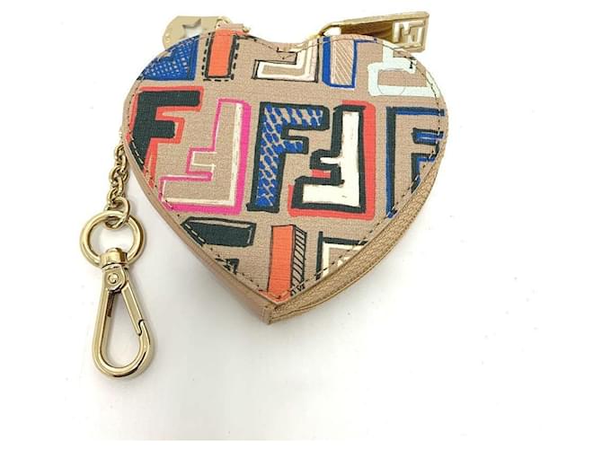 [Used] FENDI Zucca pattern heart-shaped charm bag accessory coin case Beige  ref.586433