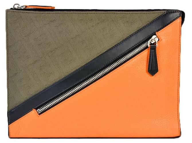 [Used] Fendi FENDI clutch bag orange x brown Zucca fabric leather  ref.586434