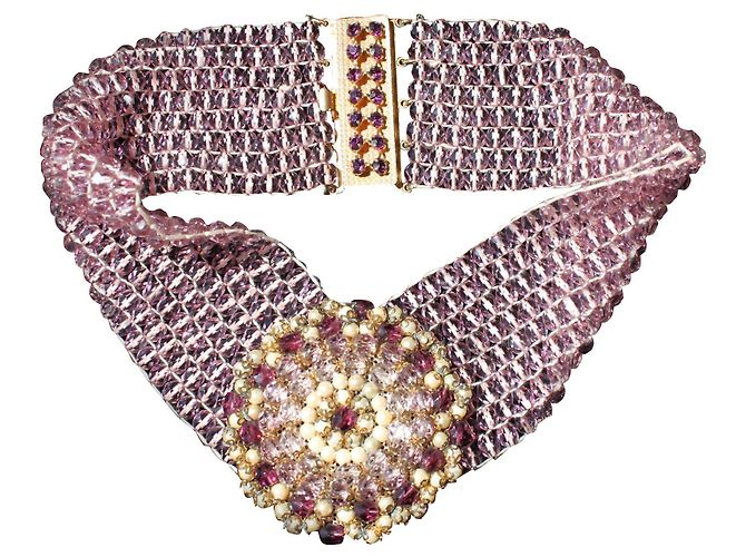 Autre Marque Girocollo anni '50 in cristalli e perle di vetro di Pellini Rosa Bianco Multicolore D'oro Crema