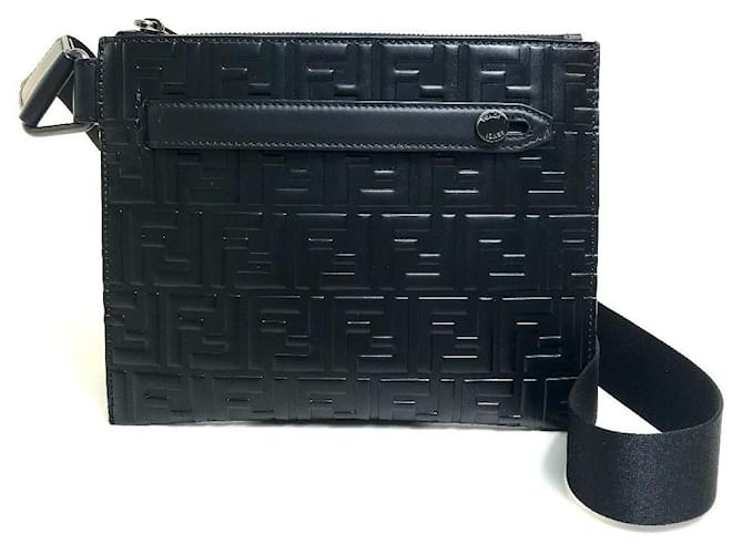 FENDI: leather bag with embossed all over FF logo - Black