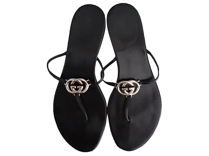 Gucci logo flip flop Black Leather  ref.586617