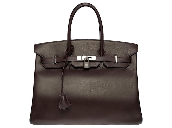 Hermès Impressionante bolsa Hermes Birkin 35 cm em couro Epsom marrom, guarnição de metal prata paládio  ref.586620