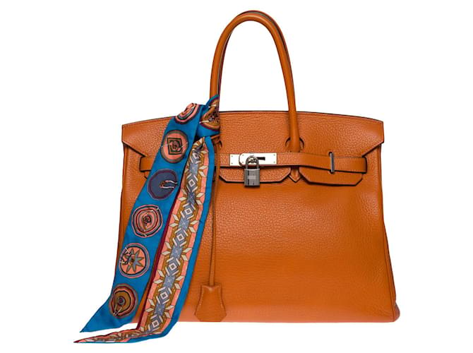 Hermès Superbe Sac à main Hermes Birkin 35 en cuir Togo Orange , garniture en métal argent palladium  ref.586633