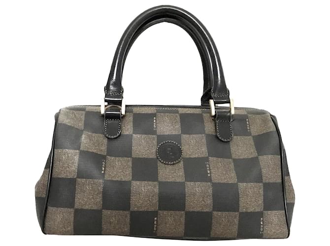 Fendi Black Checkerboard Boston Bag Brown Leather Cloth Pony-style calfskin Cloth  ref.586822