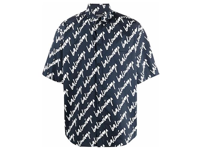 Balenciaga New Scribble Fit Camisa de manga corta grande Azul Algodón  ref.587041