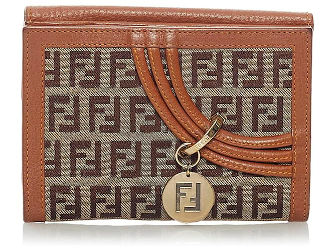 Fendi Brown Zucchino Leinwand Geldbörse Braun Leder Kalbähnliches Kalb Tuch  ref.587590