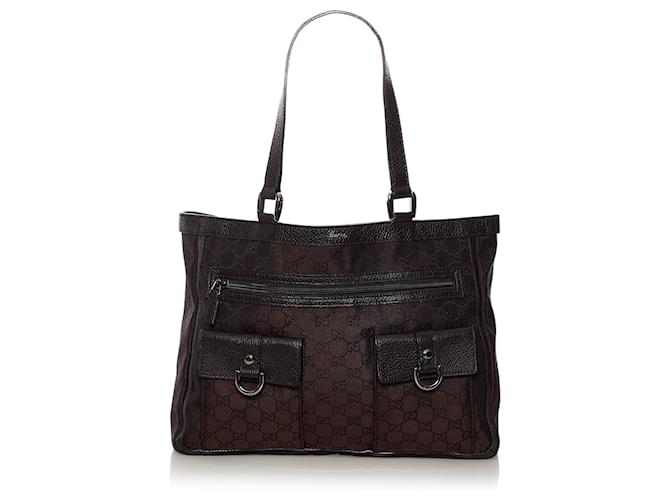 Gucci Brown GG Nylon Abbey D-Ring Tote Bag Dark brown Leather Pony-style calfskin Cloth  ref.587940
