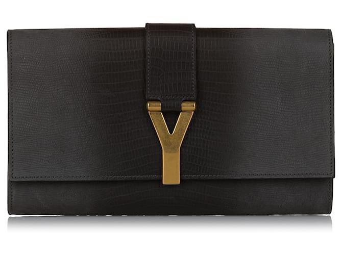 Yves Saint Laurent YSL Clutch aus schwarzem Chyc Ligne-Leder Metall Kalbähnliches Kalb  ref.588043