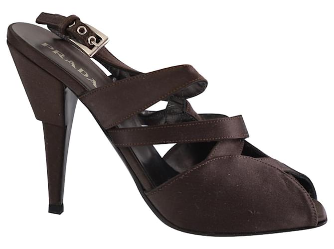 Prada Strappy High Heel Sandals in Brown Satin  ref.588053