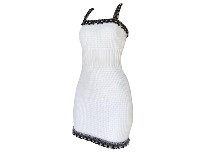 Cambon Chanel tweed top dress bodycon square neck Coton Elasthane Noir Blanc Gris  ref.588353