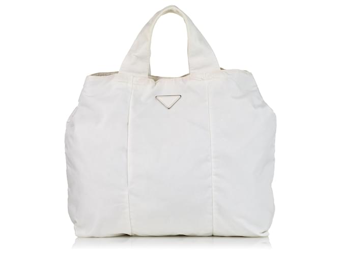 Prada White Tessuto Tote Bag Cream Leather Pony-style calfskin Nylon Cloth  ref.588637