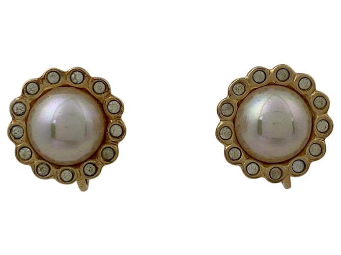 [Gebraucht] Christian Dior Christian Dior Gefälschte Perle Runde Ohrringe Runde Ohrringe GP Gefälschte Perle Strass Gold Golden Vergoldet  ref.588884
