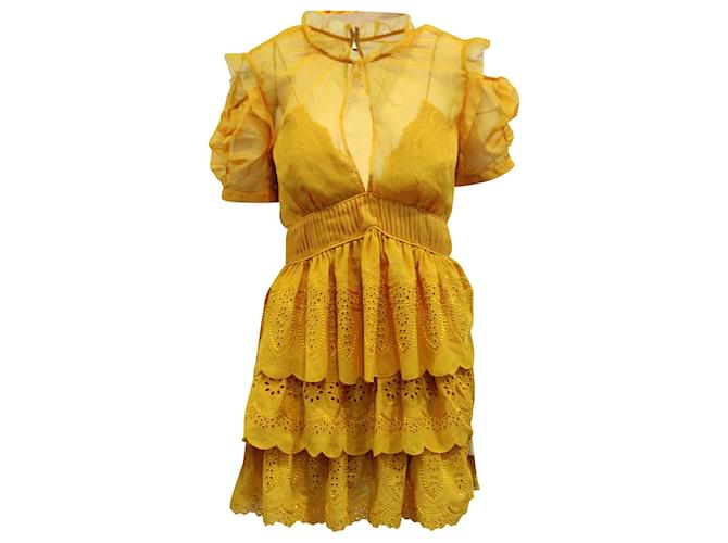 Self portrait Self-Portrait Embroidered Tiered Mini Dress in Yellow Mustard Polyester  ref.589140