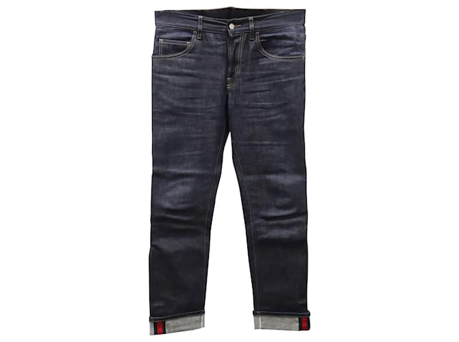 Pantalones tapered con tribanda Gucci en denim de algodón azul marino  ref.589339