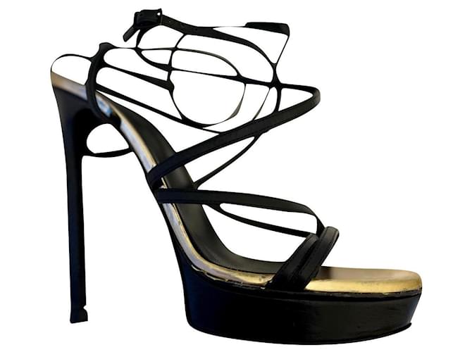SAINT LAURENT, black and red high heeled sandals Golden Leather  ref.589373