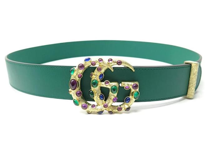 NEW BELT GUCCI GG CRYSTAL BUCKLE 600630 T100 IN GREEN LEATHER STONES BELT  ref.589549