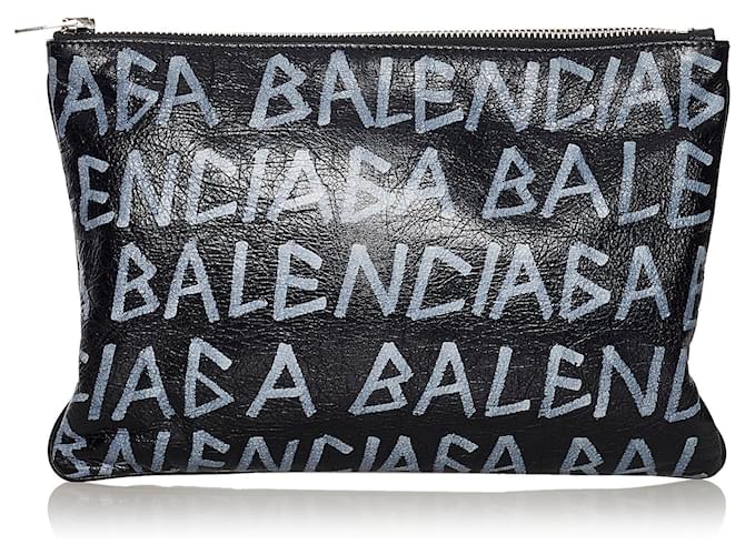 Balenciaga Black Graffiti Bazaar Leather Clutch Bag White Pony-style calfskin  ref.589974