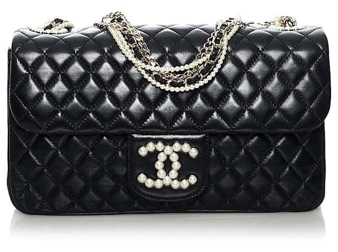 Bolsa Chanel Black Médio Westminster Pearl Flap Preto Couro  ref.590234