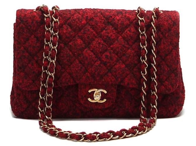 Chanel Sac à rabat Jumbo classique en tweed Métal Rouge  ref.590515