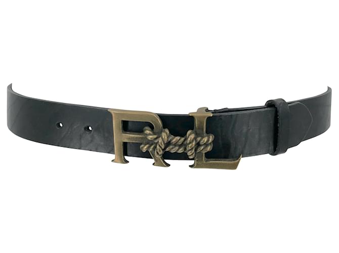 Cinto Ralph Lauren em couro preto com fivela em ouro velho  ref.590522