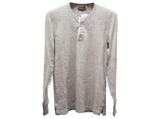Camiseta con cuello henley Tom Ford Melange de algodón gris  ref.590527