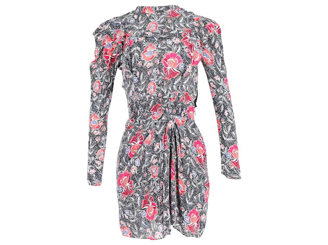 Isabel Marant Etoile Yoana Gathered Floral Dress in Black Silk  ref.590601