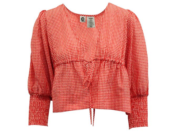 Ganni Gingham Top com amarração frontal em algodão vermelho