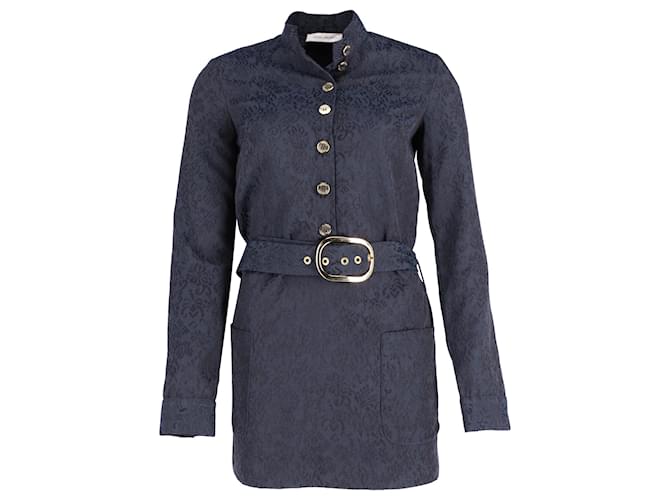 Balmain Belted Jacquard Dress with Gold-Tone Button in Navy Blue Polyester  ref.590643