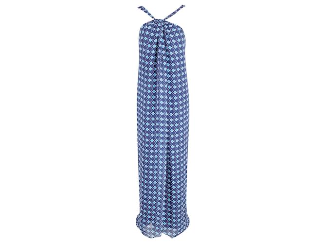 Diane Von Furstenberg Lilita Halter Maxi Dress in Blue Silk  ref.590656