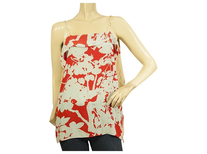 3.1 Phillip Lim Seidentop mit Spaghettiträgern, Blau, Orange, Beige, Blumenmuster 4 Rot