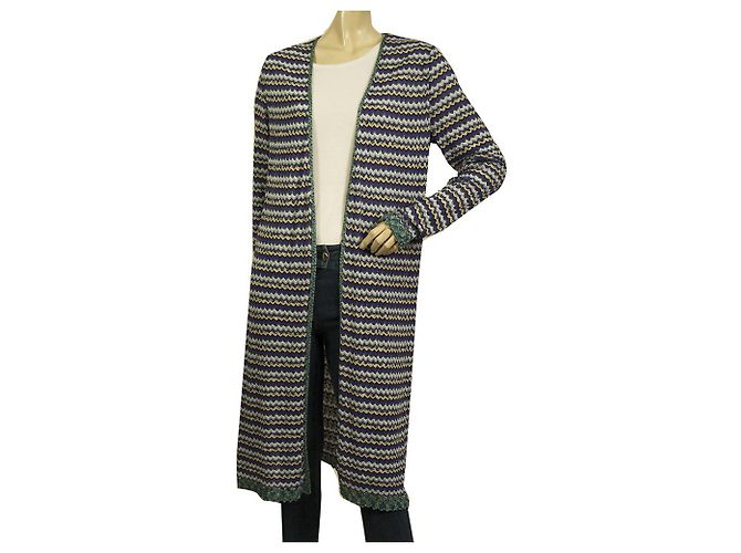 Bruno Manetti Purple Hues Metallic Shine Striped Long Cardi Strickjacke Gr 48 Lila
