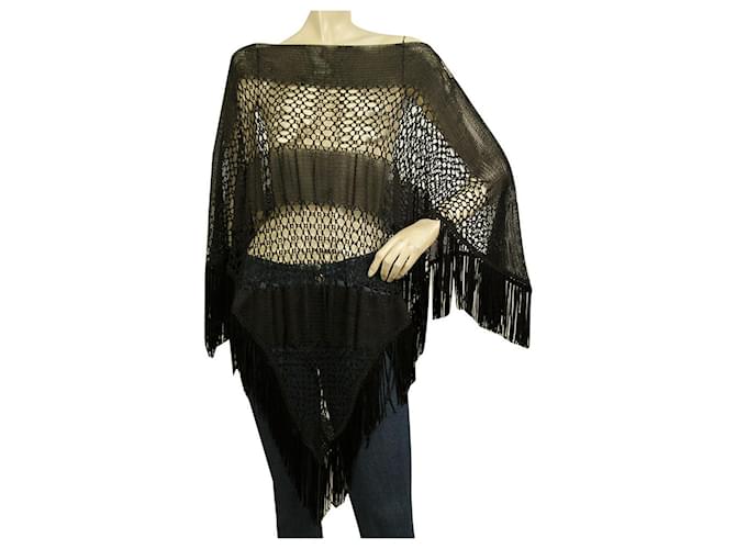 Emporio Armani Black Crochet Viscose Knit Poncho Cape Cardigan with Fringes  ref.590874