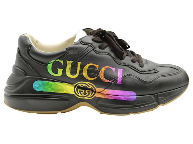 Tênis Gucci Rhyton com estampa de logo em couro preto  ref.590890