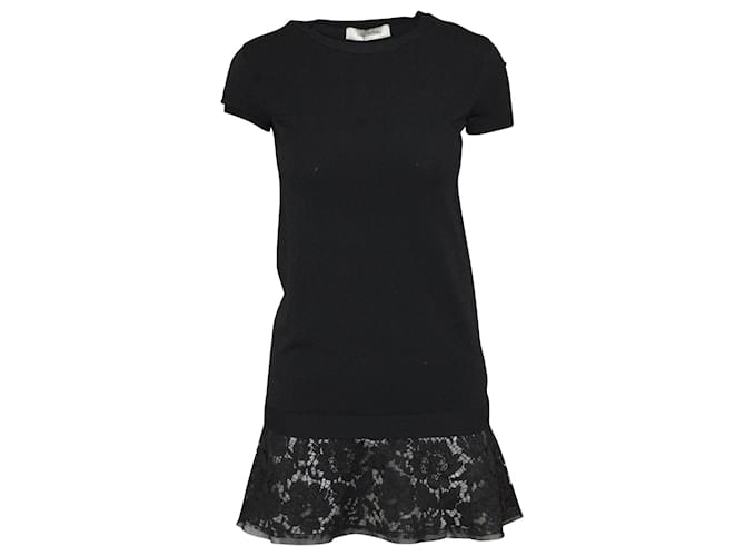 Valentino Fluted Laced Hem T-shirt Dress in Black Cotton  ref.590902