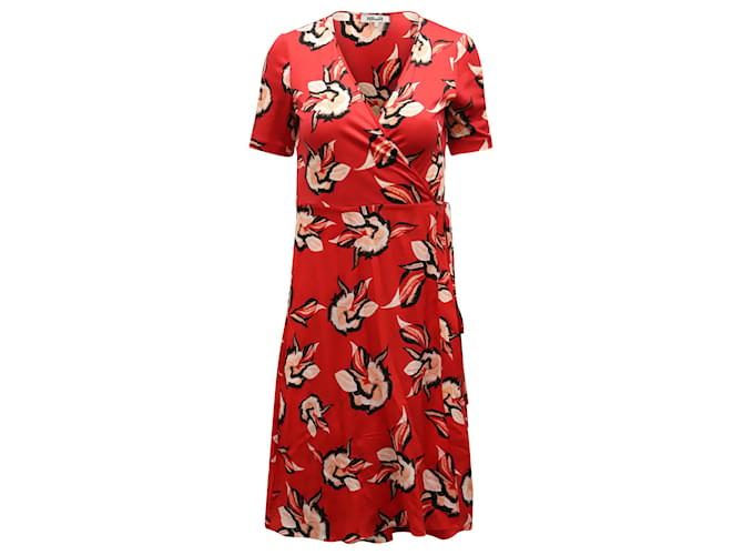 Diane von Furstenberg Robe portefeuille à fleurs en soie rouge  ref.590909