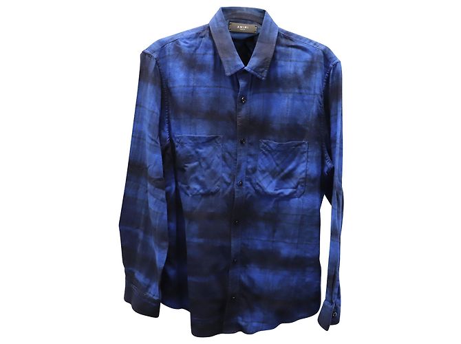 Camicia Amiri Flanella Manica Lunga Bottone Frontale in Cotone Blu