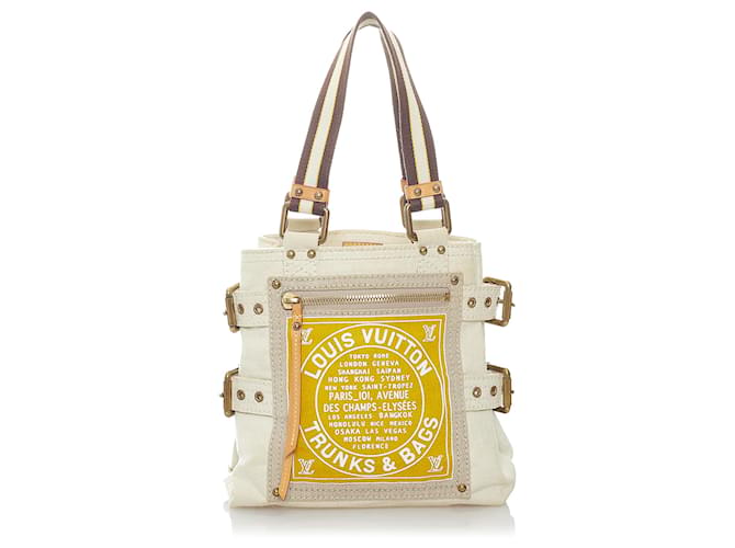 Louis Vuitton Blanc Globe Shopper Cabas PM Toile Tissu Jaune  ref.591076