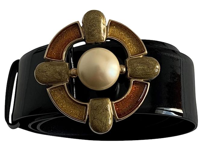 Chanel Cinturones Negro Multicolor Charol Perla  ref.591153