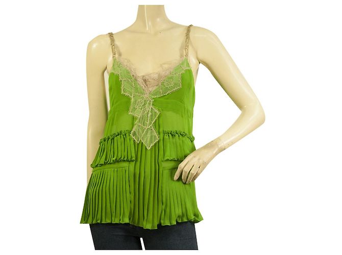 Twin Set Simona Barbieri Grüner Spaghettiträger Cami Plissees Beiges Spitzentop Größe S