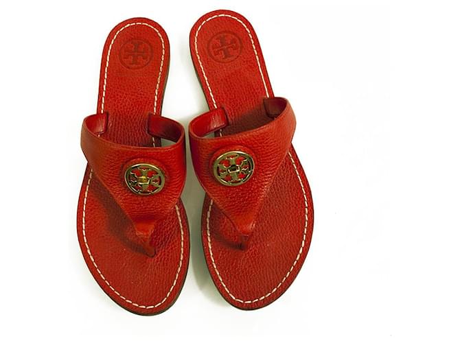 Tory Burch Red Leather Gold Tone Logo Emblem Flats Thong Flip Flop Sandals sz 8  ref.591171