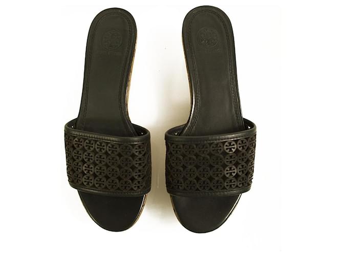 Tory Burch Logo Black Leather Cork Platform Flatforms Slides Sandals size 8M  ref.591172