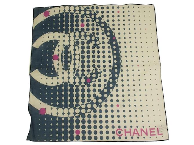 Foulard con stampa colorata a pois e logo in cotone blu bianco rosa Chanel 54centimetro*54cm  ref.591179